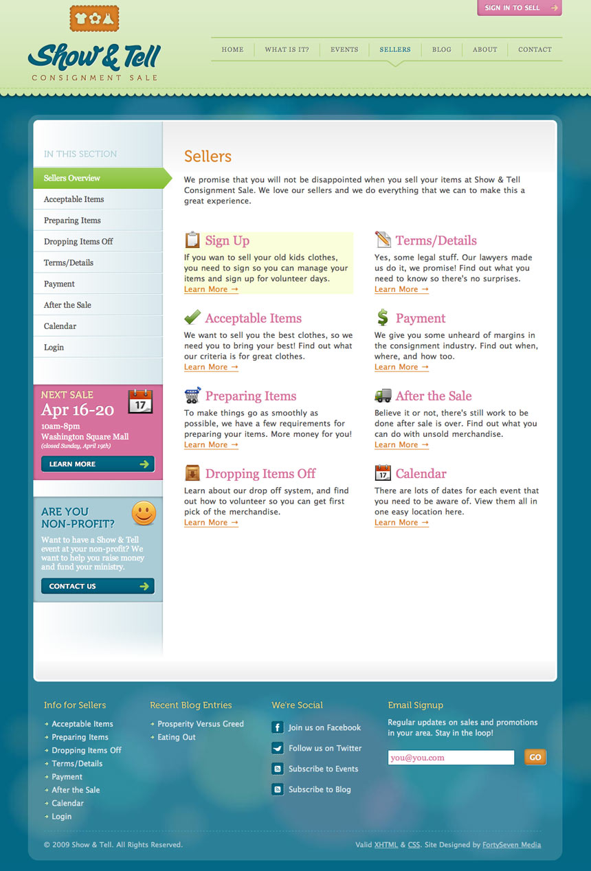 Show and Tell Sale Sellers Page