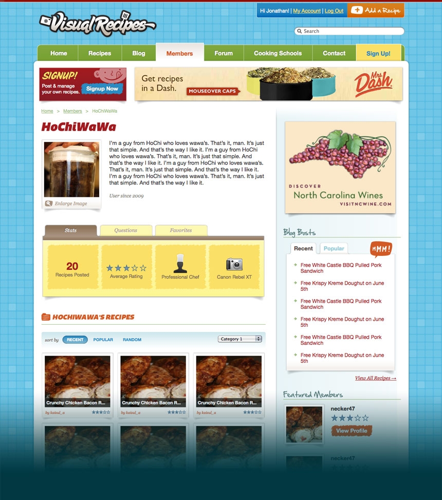 Visual Recipes Profile Page